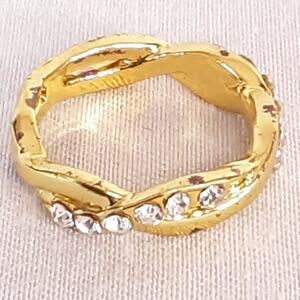 Gold Tone Infinity Band Ring with Clear Rhinestones Intertwining Design Elegant